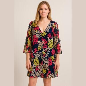 Taylor Black Multicolor Floral Knit Bell Sleeve Lightweight Shift Dress Women 14